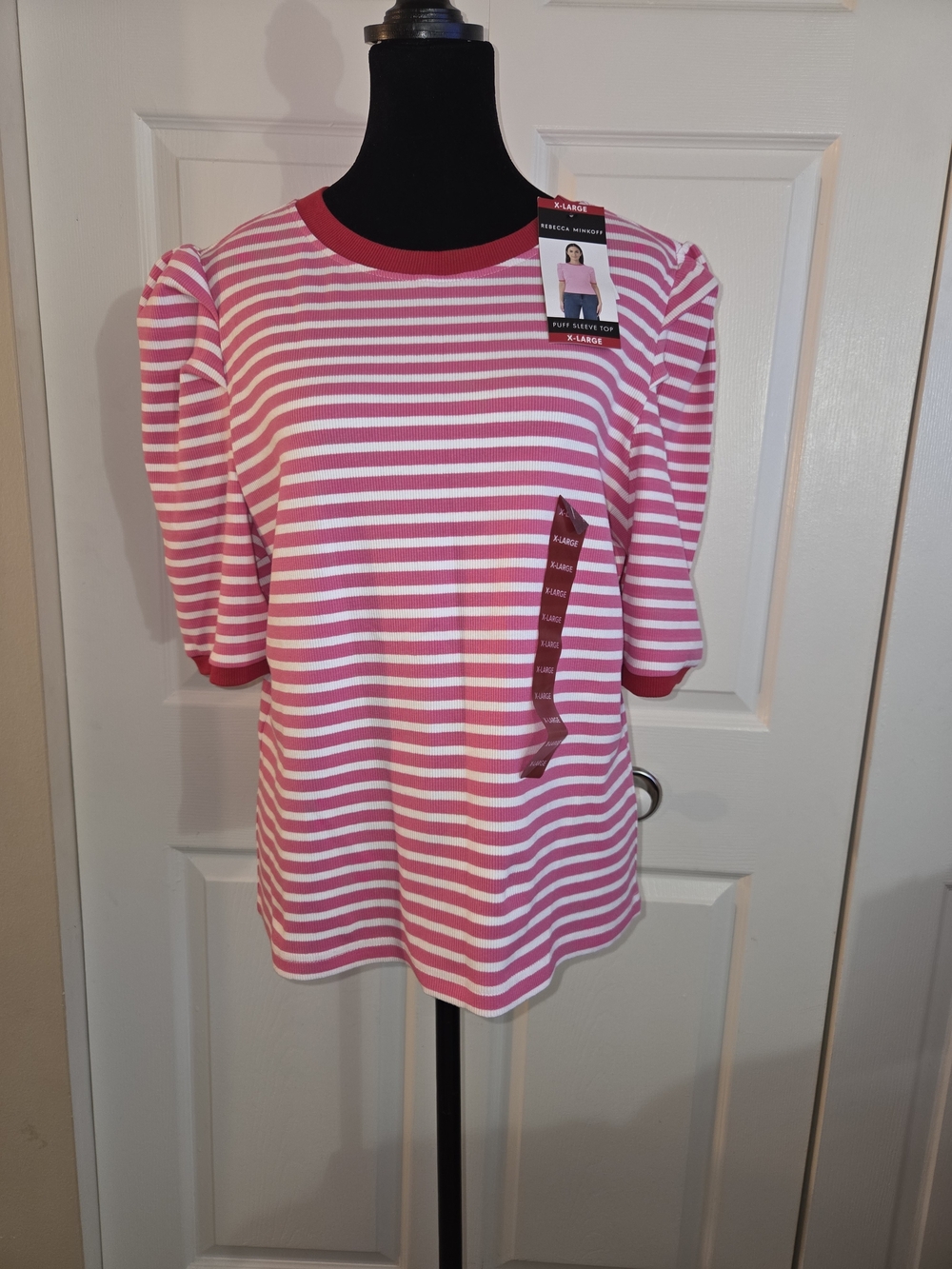 Rebecca Minkoff Pink and White Striped Puff Sleeve Top